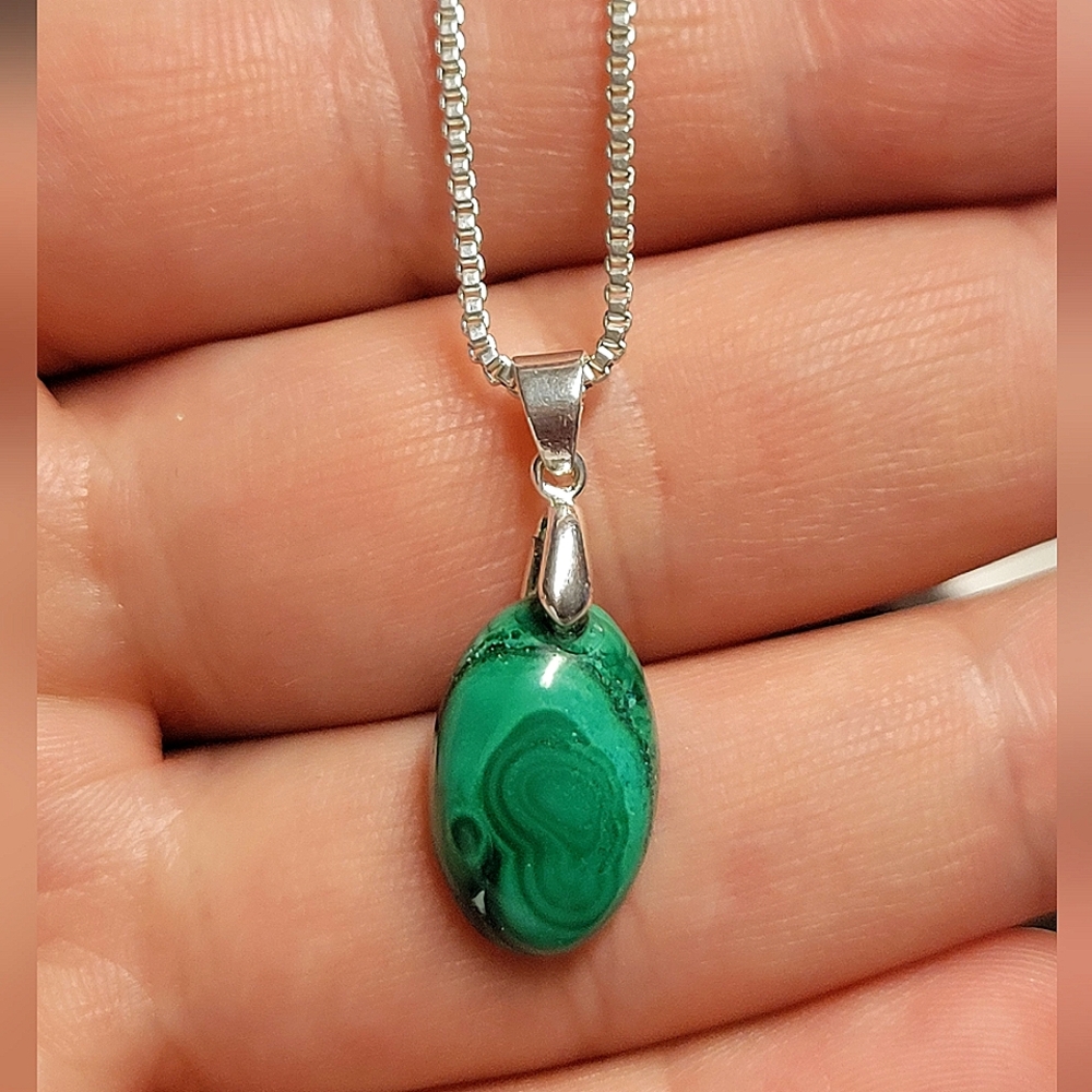 ☆ Natural Malachite Polished Crystal Pendant / .925 Sterling Silver Bail